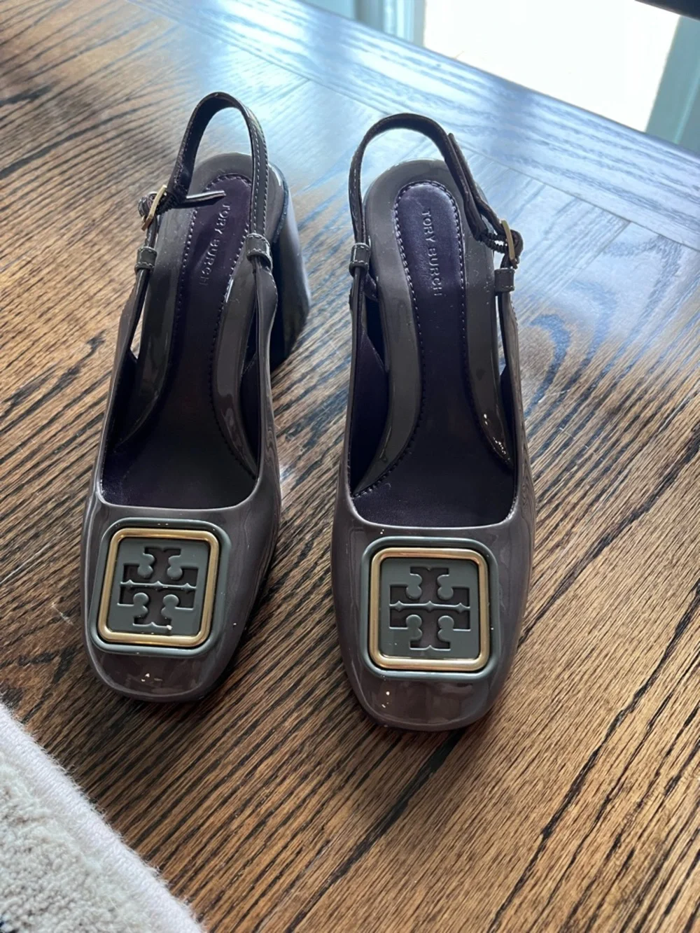 New! Tory Burch GeorgiaTaupe Leather Slingback Block Heels with Logo